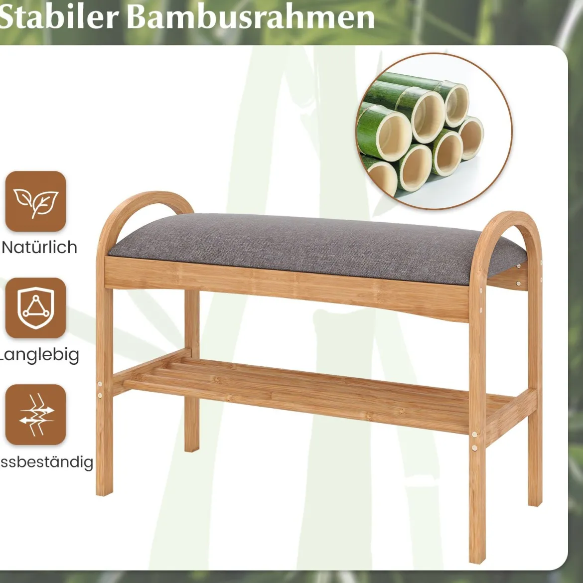 Schuhbank aus Bambus 2-stufiges Schuhregal mit gepolstertem Sitzkissen & Regal 70 x 31,5 x 51 cm Natur & Grau