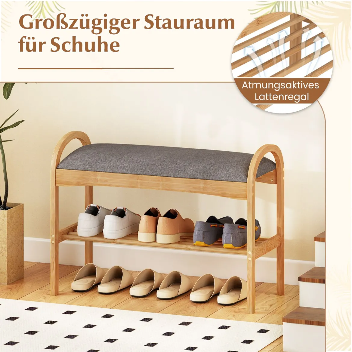 Schuhbank aus Bambus 2-stufiges Schuhregal mit gepolstertem Sitzkissen & Regal 70 x 31,5 x 51 cm Natur & Grau