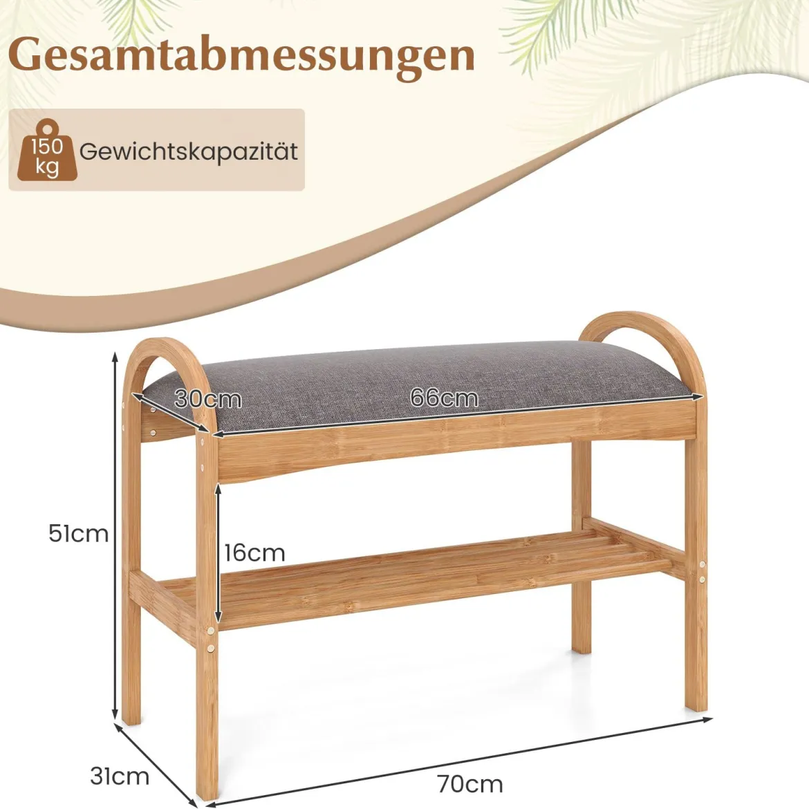 Schuhbank aus Bambus 2-stufiges Schuhregal mit gepolstertem Sitzkissen & Regal 70 x 31,5 x 51 cm Natur & Grau