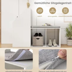 Schuhbank mit Abnehmbarem Sitzkissen & 3 Unteren Fächern & 3 Seitlichen Ablagefächern