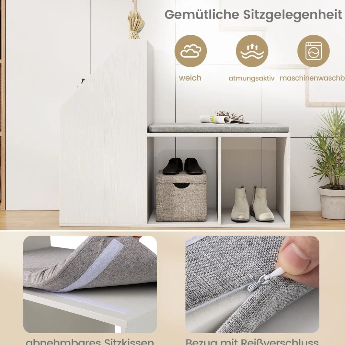 Schuhbank mit Abnehmbarem Sitzkissen & 3 Unteren Fächern & 3 Seitlichen Ablagefächern