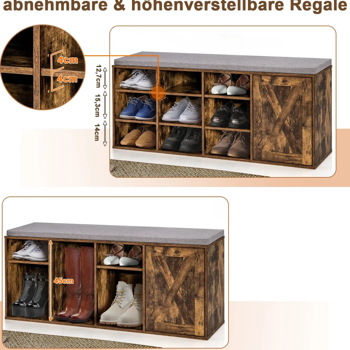 Schuhbank mit gepolstertem Kissen & 9 Fächern 3-stöckiger Schuhregal mit verstellbaren Regalen Braun/Weiß