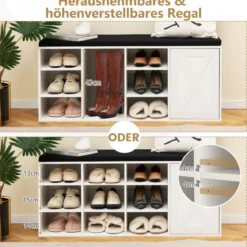 Schuhbank mit gepolstertem Kissen & 9 Fächern 3-stöckiger Schuhregal mit verstellbaren Regalen Braun/Weiß