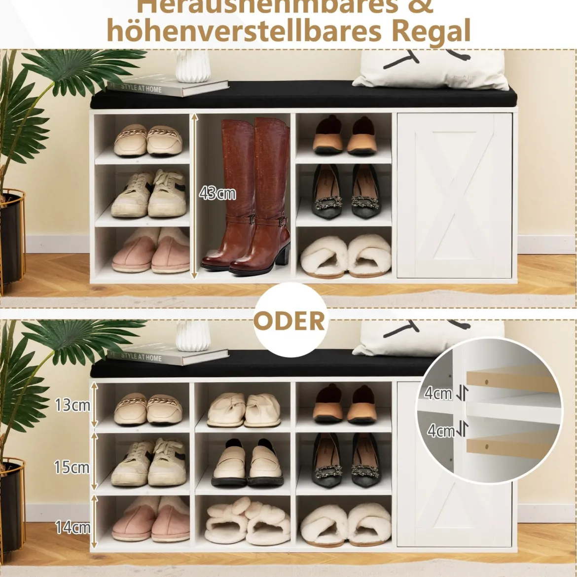 Schuhbank mit gepolstertem Kissen & 9 Fächern 3-stöckiger Schuhregal mit verstellbaren Regalen Braun/Weiß