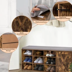 Schuhbank mit gepolstertem Kissen & 9 Fächern 3-stöckiger Schuhregal mit verstellbaren Regalen Braun/Weiß