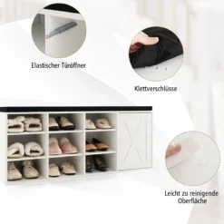 Schuhbank mit gepolstertem Kissen & 9 Fächern 3-stöckiger Schuhregal mit verstellbaren Regalen Braun/Weiß