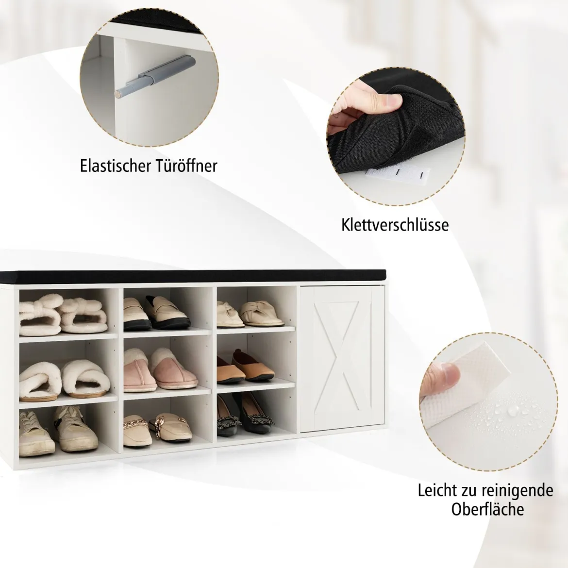 Schuhbank mit gepolstertem Kissen & 9 Fächern 3-stöckiger Schuhregal mit verstellbaren Regalen Braun/Weiß