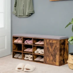 Schuhbank mit gepolstertem Kissen & 9 Fächern 3-stöckiger Schuhregal mit verstellbaren Regalen Braun/Weiß
