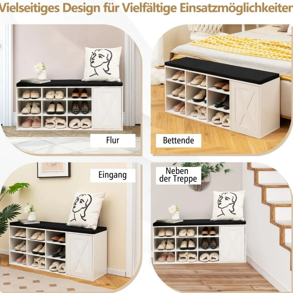 Schuhbank mit gepolstertem Kissen & 9 Fächern 3-stöckiger Schuhregal mit verstellbaren Regalen Braun/Weiß