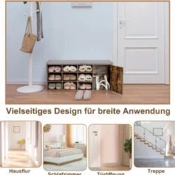 Schuhbank mit gepolstertem Kissen & 9 Fächern 3-stöckiger Schuhregal mit verstellbaren Regalen Braun/Weiß