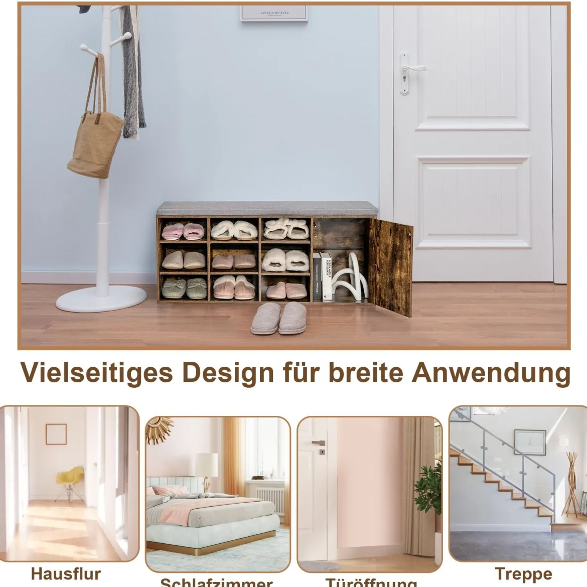 Schuhbank mit gepolstertem Kissen & 9 Fächern 3-stöckiger Schuhregal mit verstellbaren Regalen Braun/Weiß