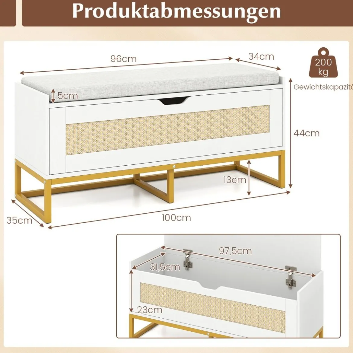 Schuhbank mit Gepolsterter Sitzfläche & Klappdeckel Rattan Schuhschrank bis zu 200 kg Belastbar Weiß