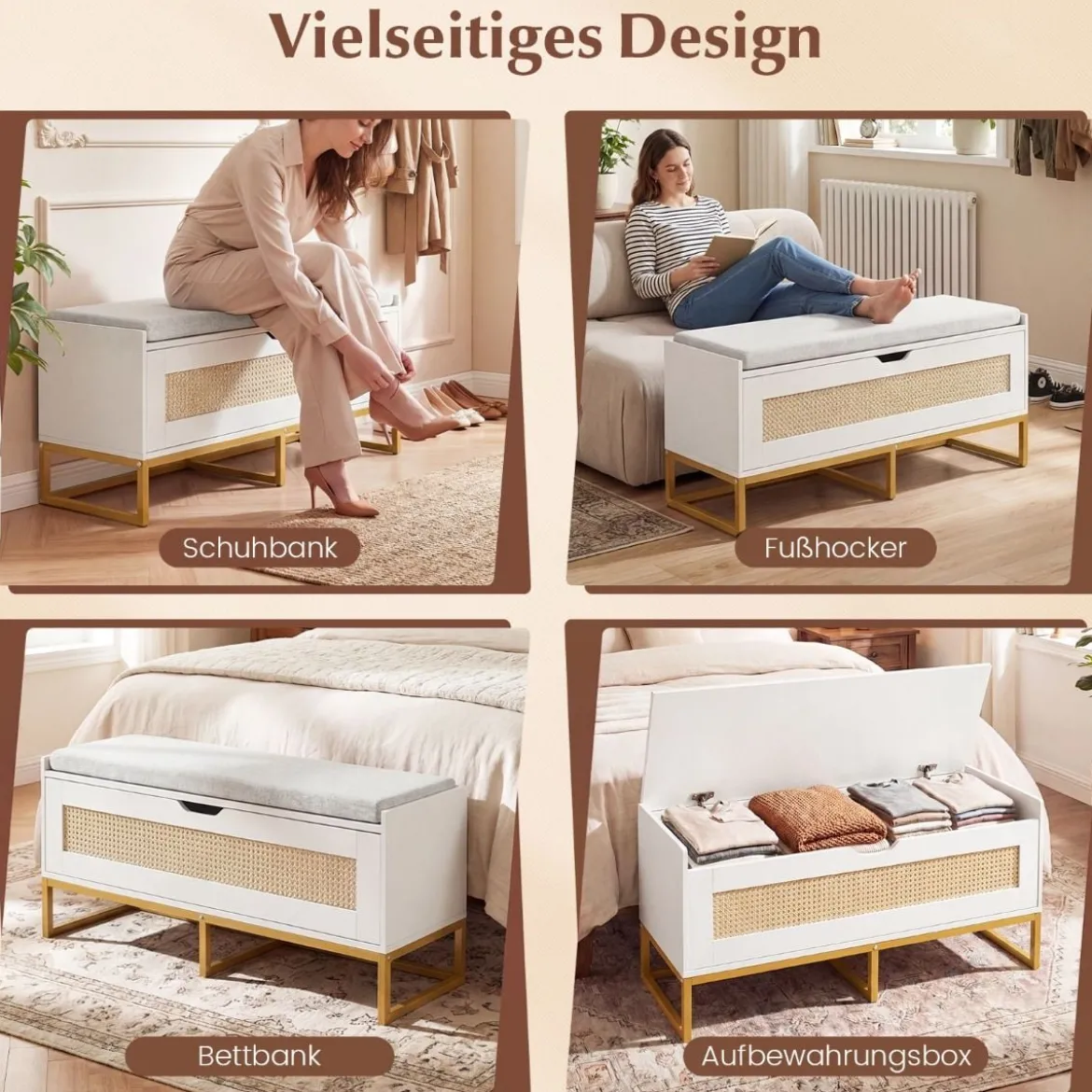 Schuhbank mit Gepolsterter Sitzfläche & Klappdeckel Rattan Schuhschrank bis zu 200 kg Belastbar Weiß