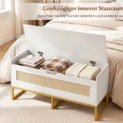 Schuhbank mit Gepolsterter Sitzfläche & Klappdeckel Rattan Schuhschrank bis zu 200 kg Belastbar Weiß