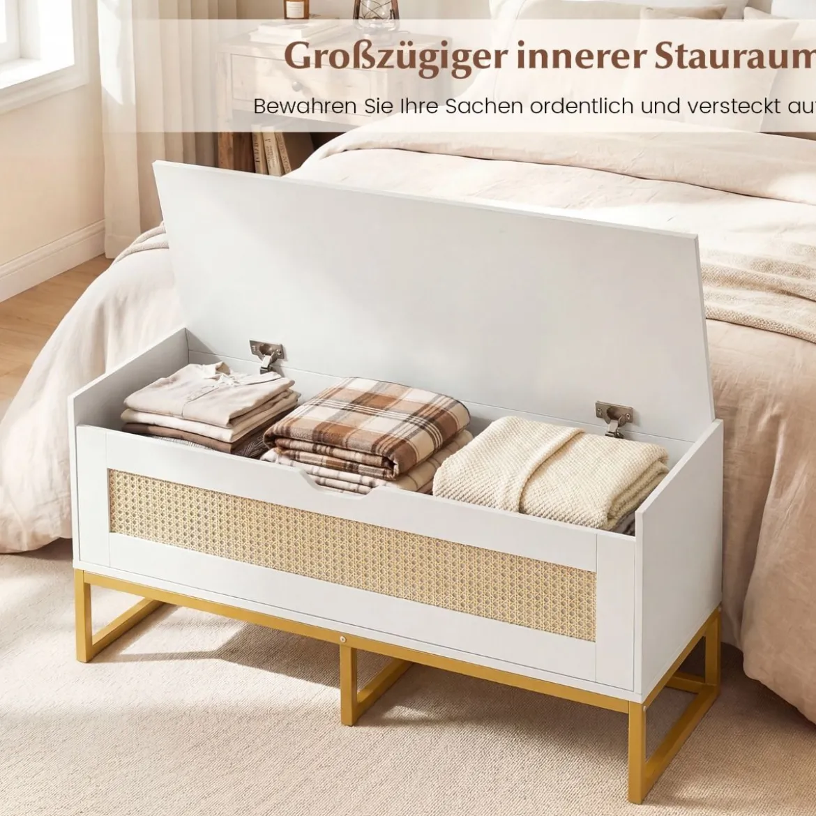 Schuhbank mit Gepolsterter Sitzfläche & Klappdeckel Rattan Schuhschrank bis zu 200 kg Belastbar Weiß