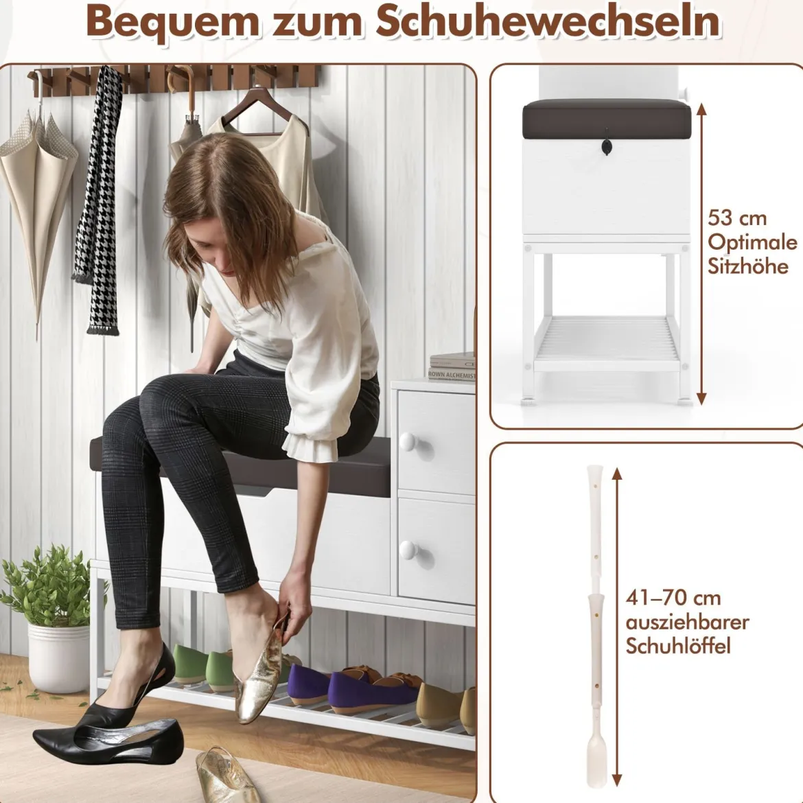 Schuhbank mit Klappdeckel & Sitzfläche & 2 Türen Schuhregal Schuhschrank 100 x 30 x 68 cm