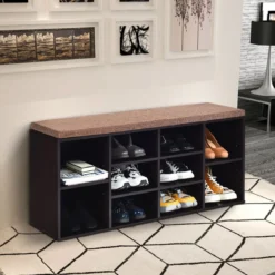Schuhbank mit Sitzfläche Schuhregal Schuhkommode Schuhablage Schuhschrank Sitzbank mit Regal & Sitzkissen Holz Braun