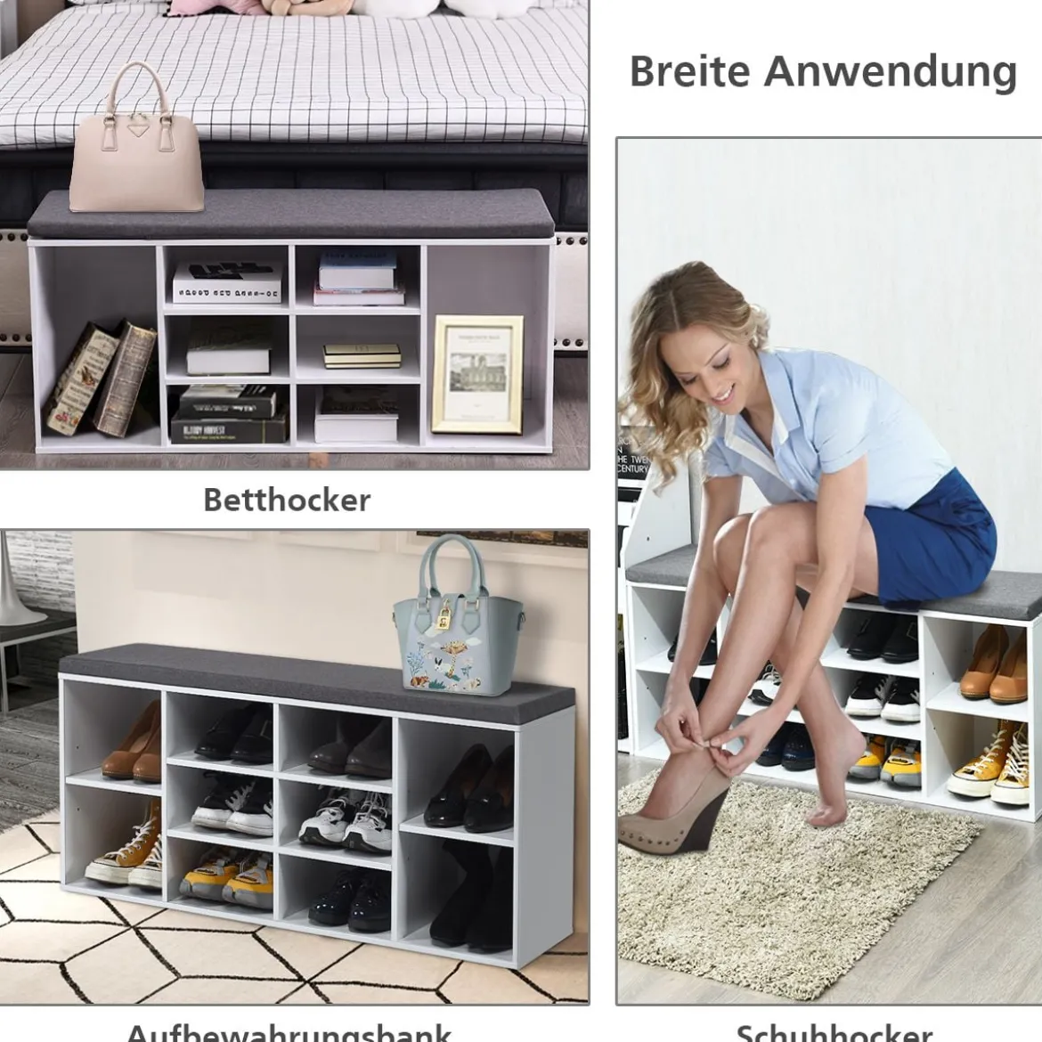 Schuhbank mit Sitzfläche Schuhregal Schuhkommode Schuhablage Schuhschrank Sitzbank mit Regal & Sitzkissen Holz Weiß