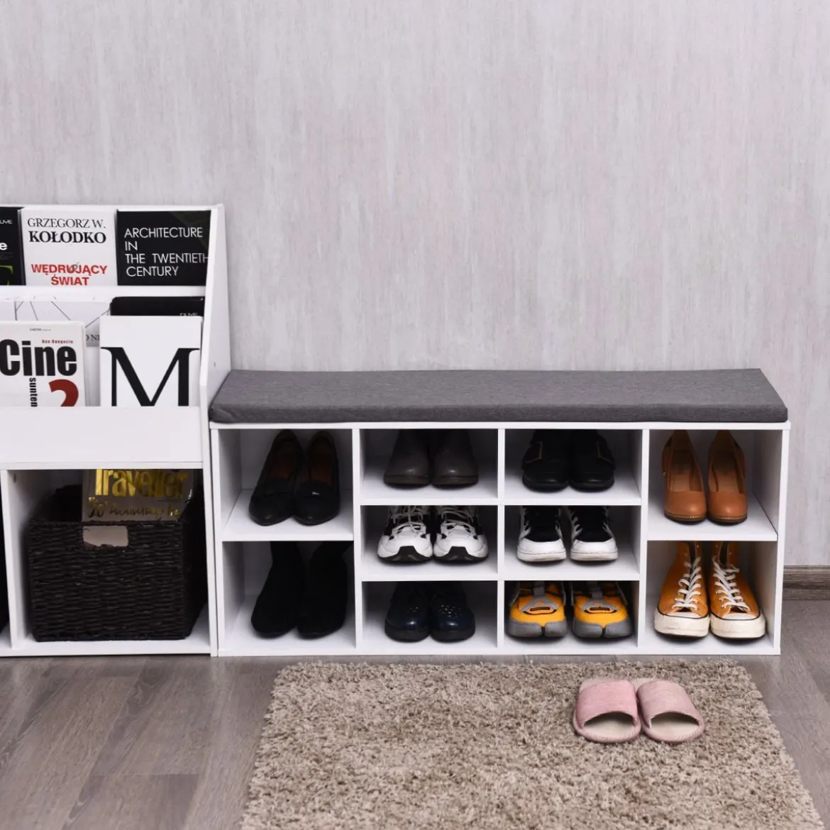 Schuhbank mit Sitzfläche Schuhregal Schuhkommode Schuhablage Schuhschrank Sitzbank mit Regal & Sitzkissen Holz Weiß