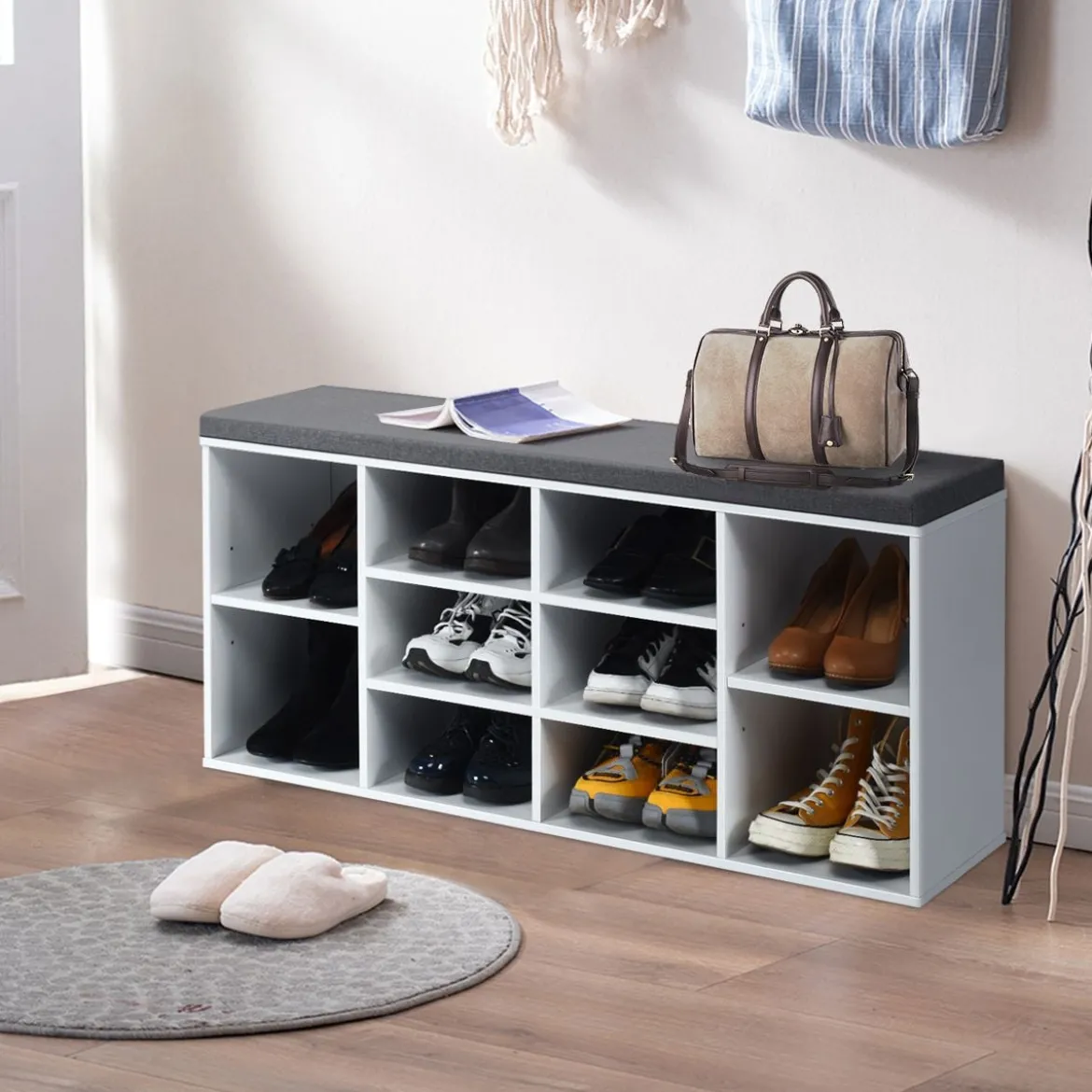 Schuhbank mit Sitzfläche Schuhregal Schuhkommode Schuhablage Schuhschrank Sitzbank mit Regal & Sitzkissen Holz Weiß