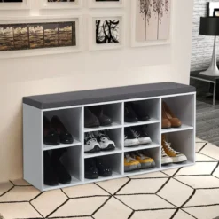 Schuhbank mit Sitzfläche Schuhregal Schuhkommode Schuhablage Schuhschrank Sitzbank mit Regal & Sitzkissen Holz Weiß