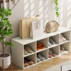 Schuhbank mit Sitzfläche Schuhregal aus Holz 230 kg Belastbar 102 x 30 x 41 cm Weiß Bücherschrank