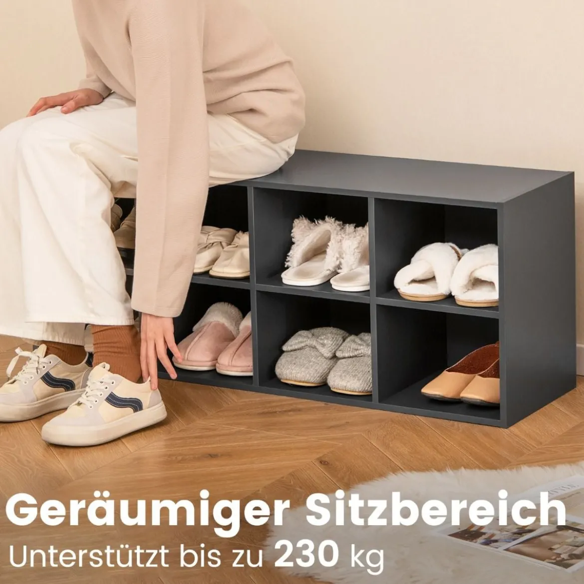 Schuhbank mit Sitzfläche Schuhregal aus Holz 230 kg Belastbar Bücherschrank 102 x 30 x 41 cm Grau
