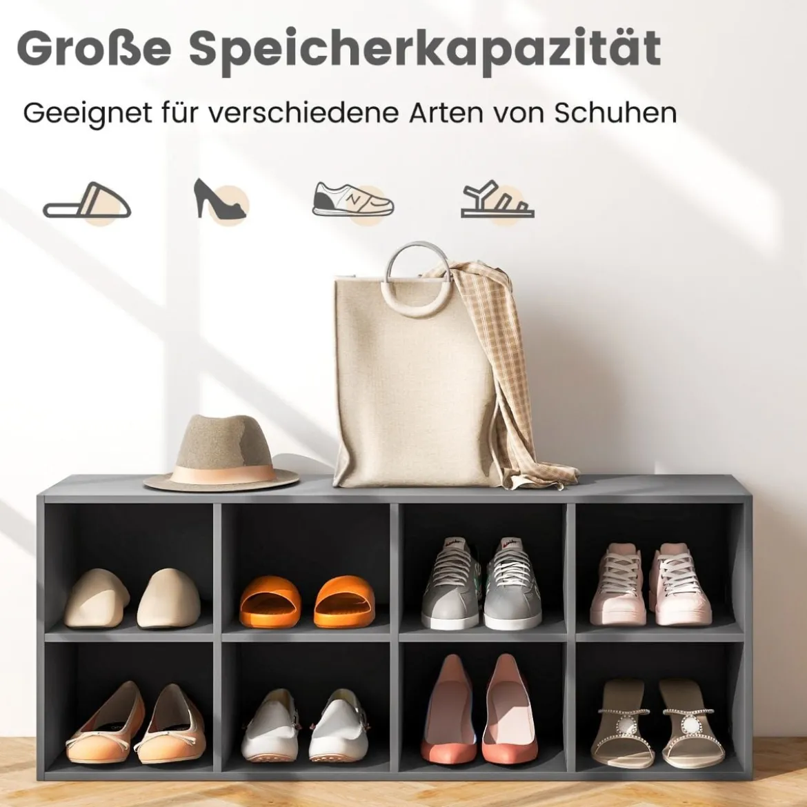 Schuhbank mit Sitzfläche Schuhregal aus Holz 230 kg Belastbar Bücherschrank 102 x 30 x 41 cm Grau