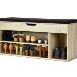 Schuhbank Schuhkommode Schuhablage mit Sitzkissen Holz 104 x 48 x 30 cm Weiß/Natur/Grau