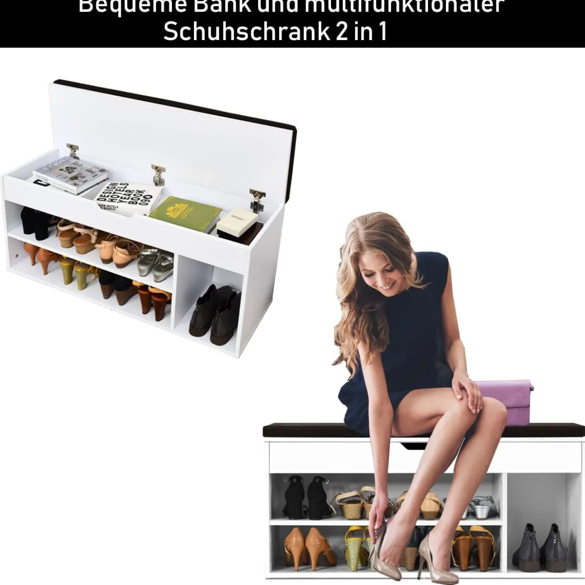Schuhbank Schuhkommode Schuhablage mit Sitzkissen Holz 104 x 48 x 30 cm Weiß/Natur/Grau
