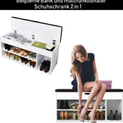 Schuhbank Schuhkommode Schuhablage mit Sitzkissen Holz 104 x 48 x 30 cm Weiß/Natur/Grau