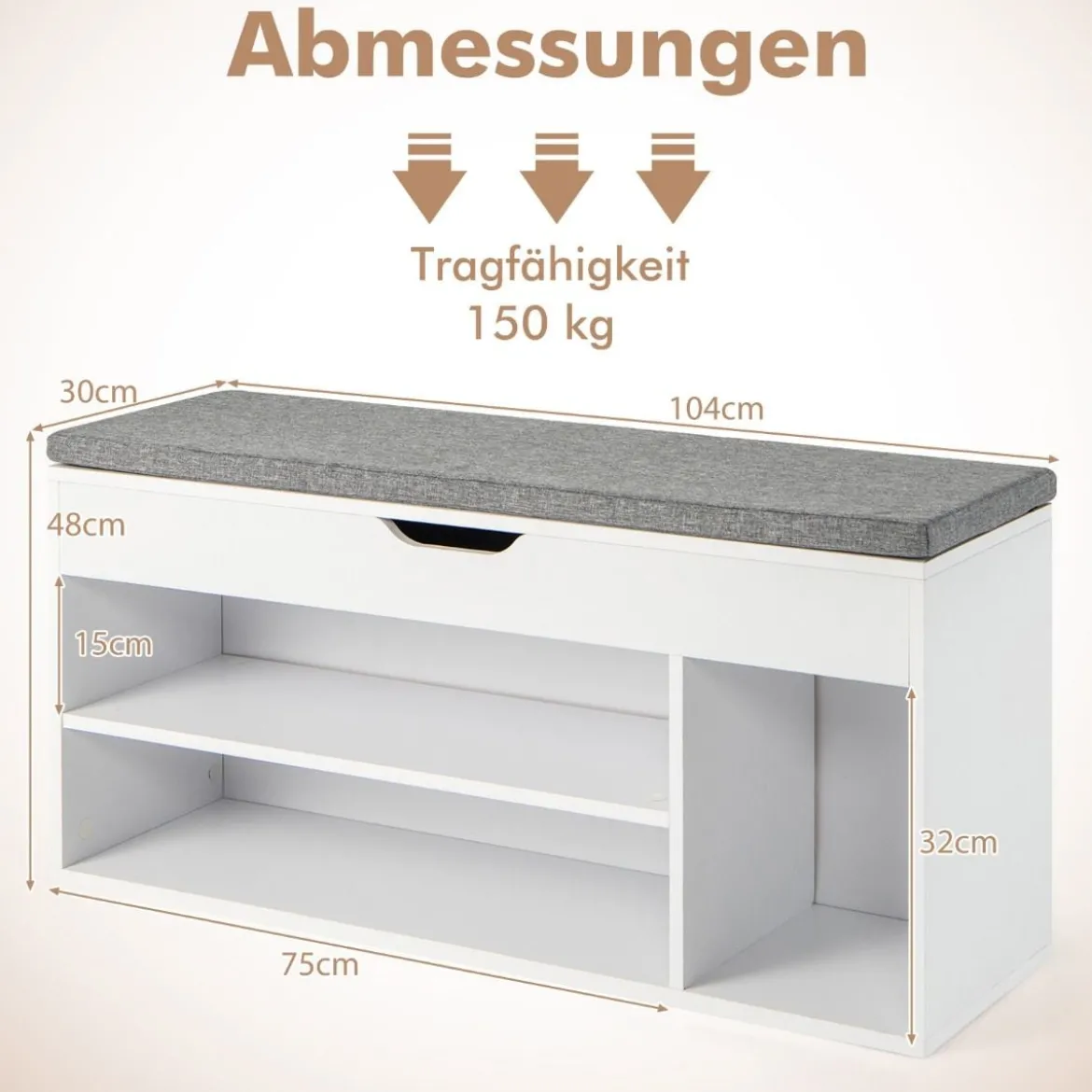 Schuhbank Schuhkommode Schuhablage mit Sitzkissen Holz 104 x 48 x 30 cm Weiß/Natur/Grau