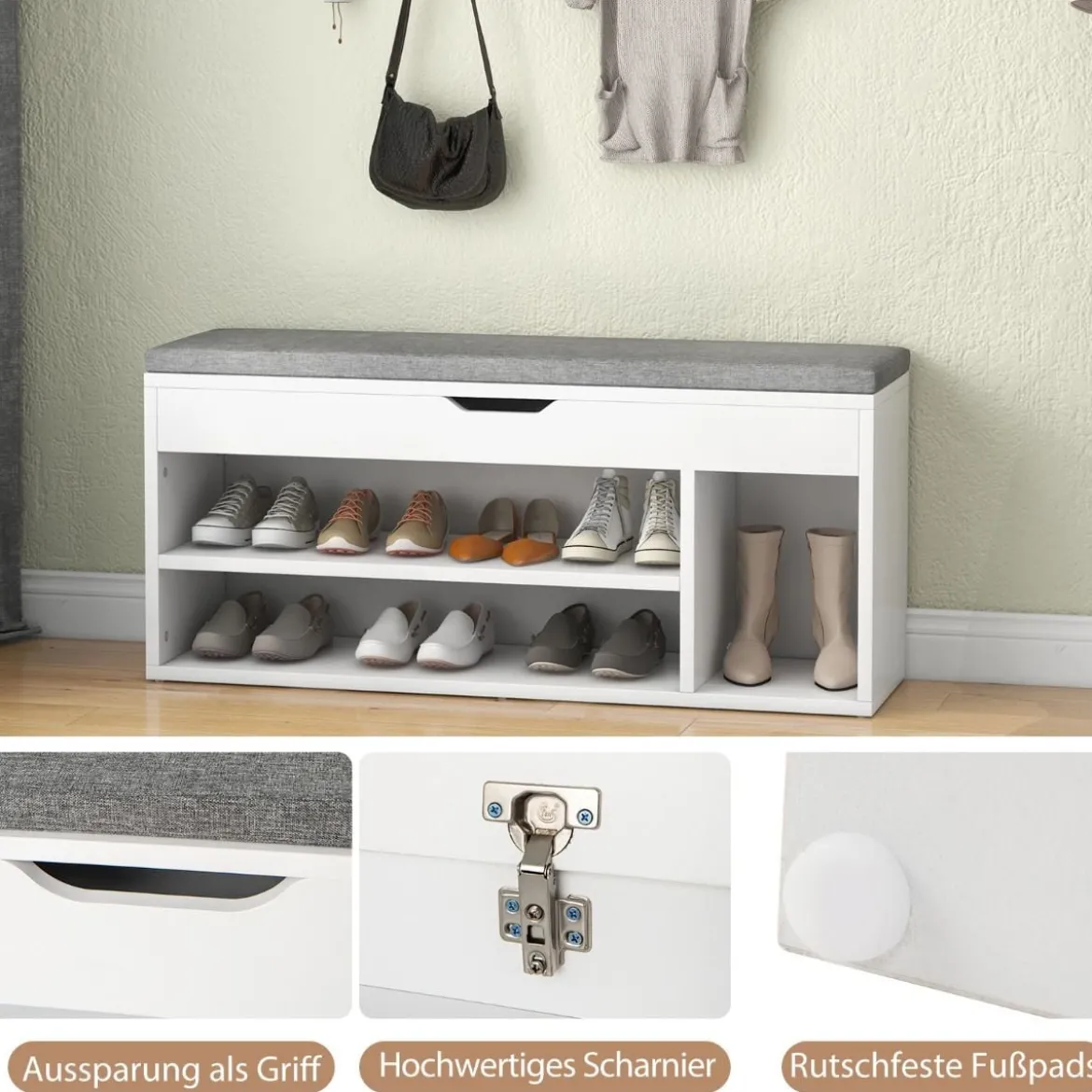 Schuhbank Schuhkommode Schuhablage mit Sitzkissen Holz 104 x 48 x 30 cm Weiß/Natur/Grau