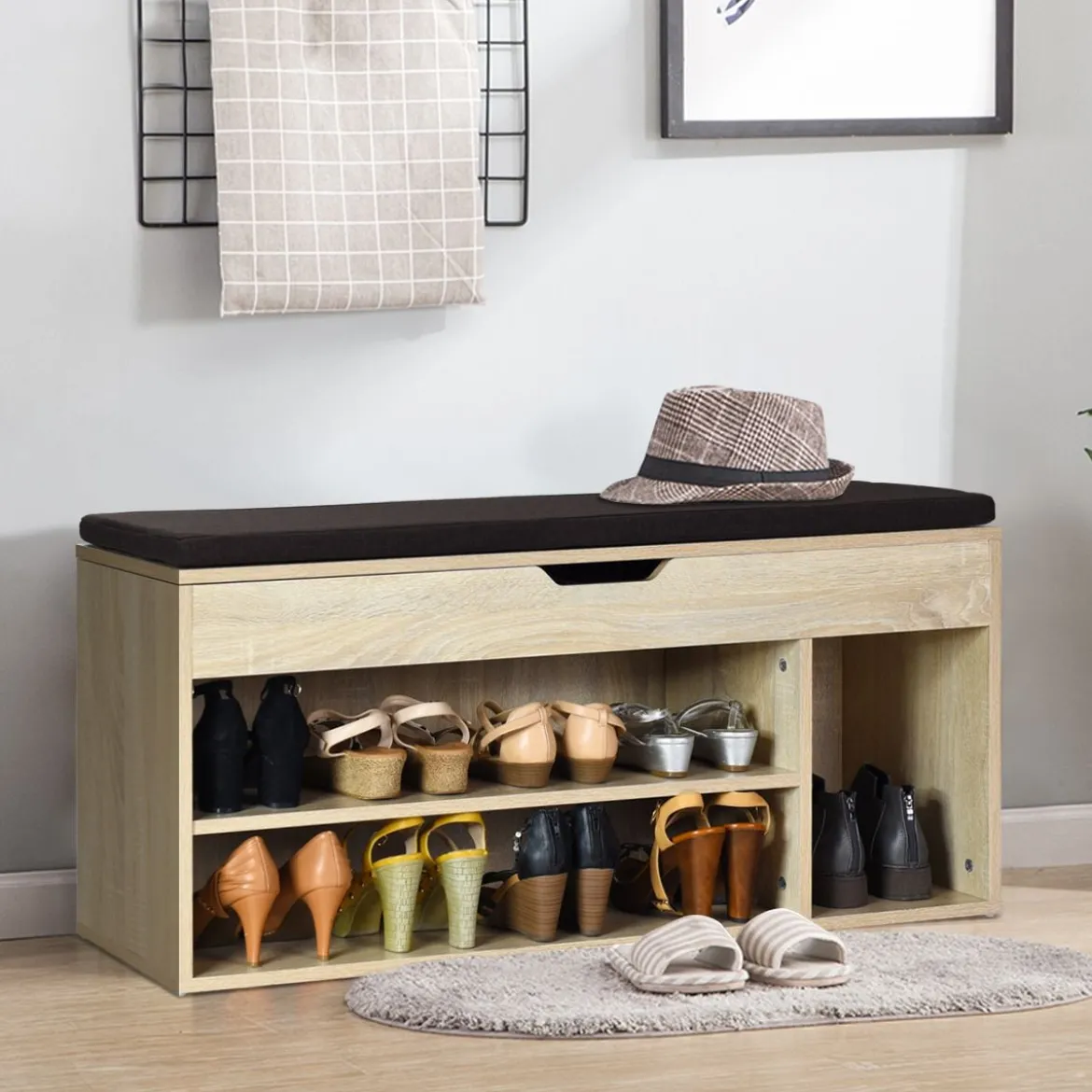 Schuhbank Schuhkommode Schuhablage mit Sitzkissen Holz 104 x 48 x 30 cm Weiß/Natur/Grau