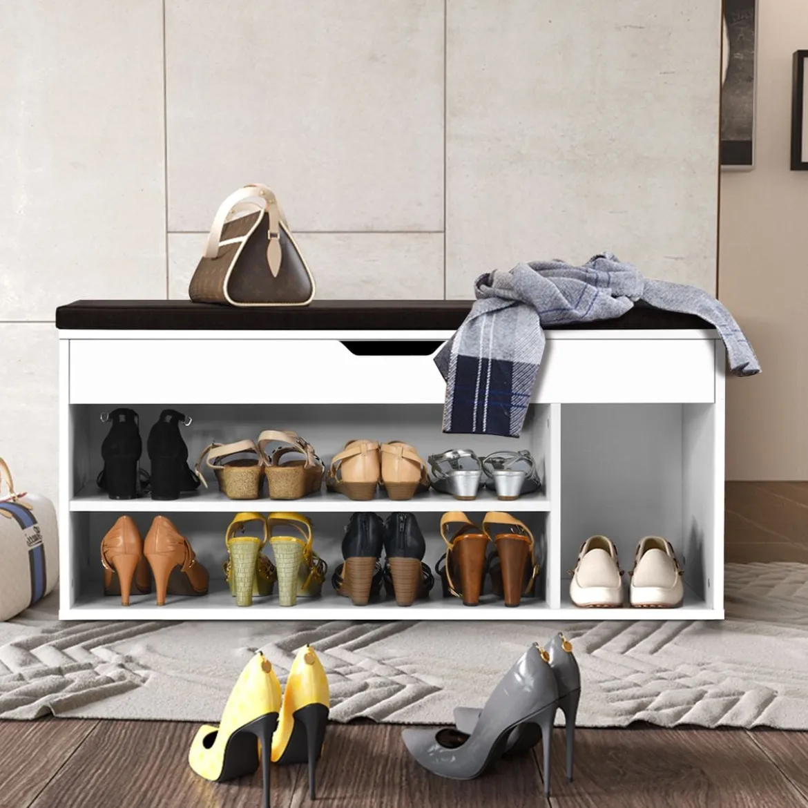 Schuhbank Schuhkommode Schuhablage mit Sitzkissen Holz 104 x 48 x 30 cm Weiß/Natur/Grau