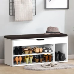 Schuhbank Schuhkommode Schuhablage mit Sitzkissen Holz 104 x 48 x 30 cm Weiß/Natur/Grau