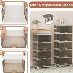 Schuhboxen mit Rollen Schuhkarton stapelbar transparent Schuh-Organizer aus Kunststoff Schuhaufbewahrung für Stöckelschuhe 5 Ebenen