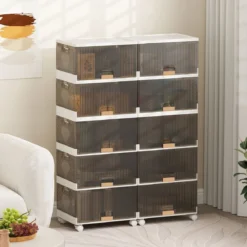 Schuhboxen mit Rollen Schuhkarton stapelbar transparent Schuh-Organizer aus Kunststoff Schuhaufbewahrung für Stöckelschuhe 5 Ebenen