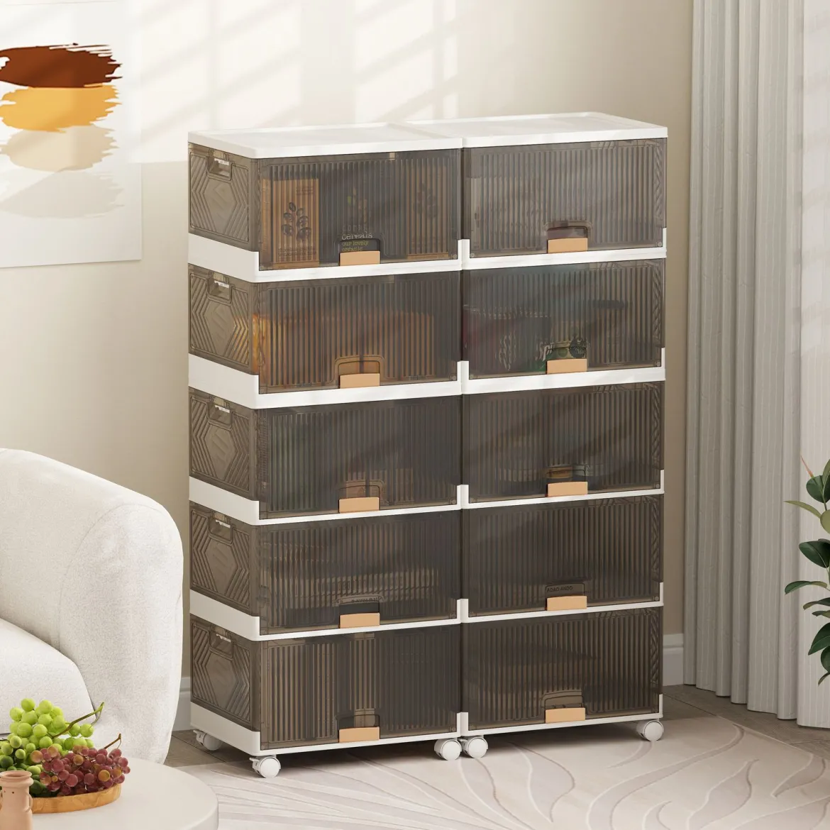 Schuhboxen mit Rollen Schuhkarton stapelbar transparent Schuh-Organizer aus Kunststoff Schuhaufbewahrung für Stöckelschuhe 5 Ebenen