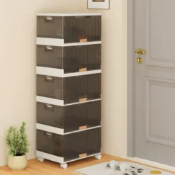 Schuhboxen mit Rollen Schuhkarton stapelbar transparent Schuh-Organizer aus Kunststoff Schuhaufbewahrung für Stöckelschuhe 5 Ebenen