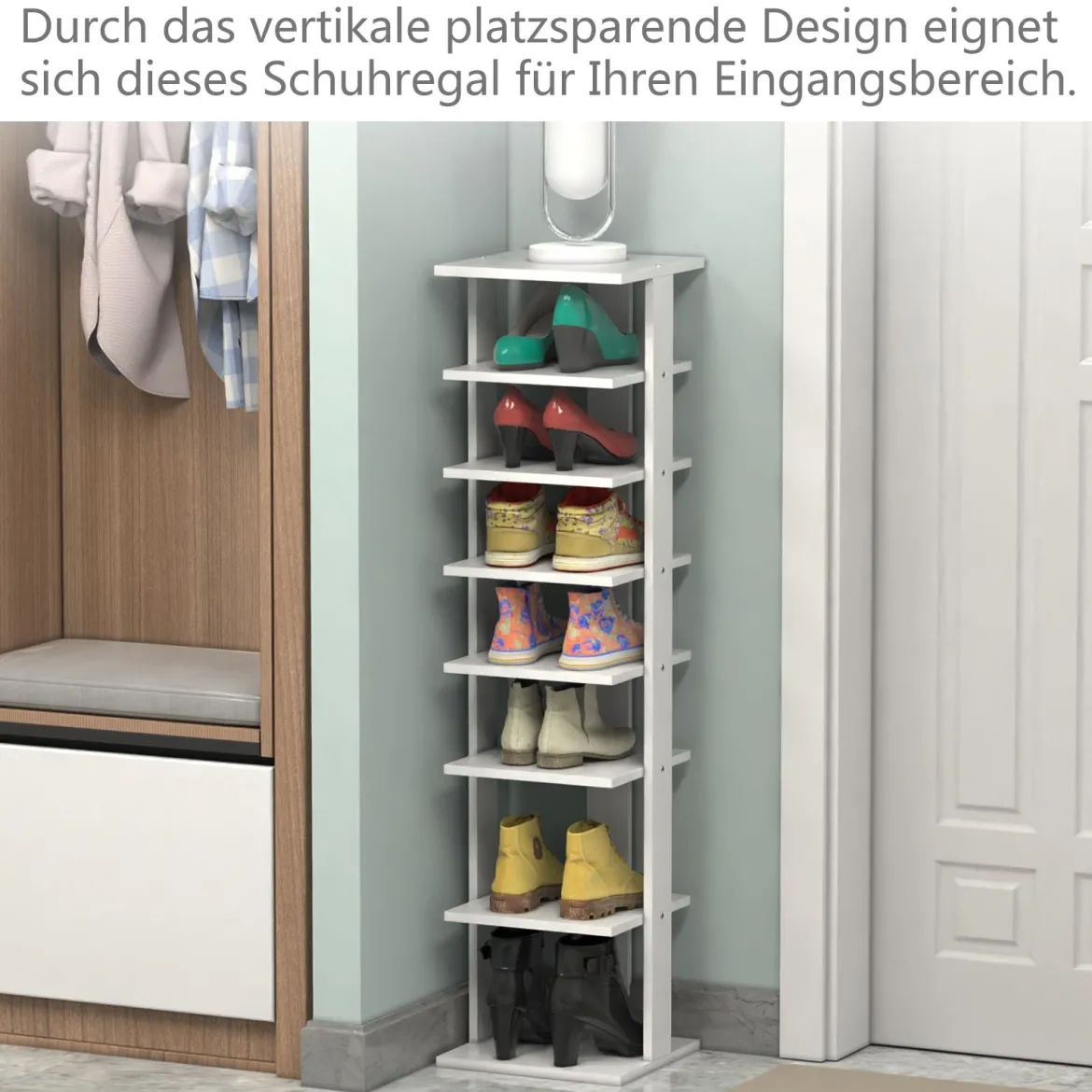 Schuhregal aus Holz Schuhständer 8-stöckig Schuh-Organizer vertikal Lagerregal Weiß