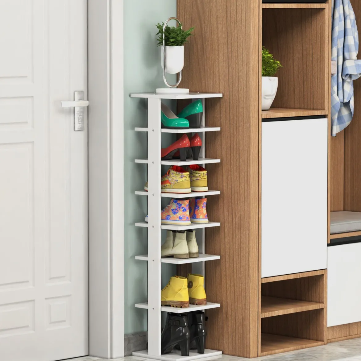 Schuhregal aus Holz Schuhständer 8-stöckig Schuh-Organizer vertikal Lagerregal Weiß