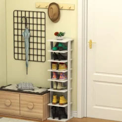 Schuhregal aus Holz Schuhständer 8-stöckig Schuh-Organizer vertikal Lagerregal Weiß