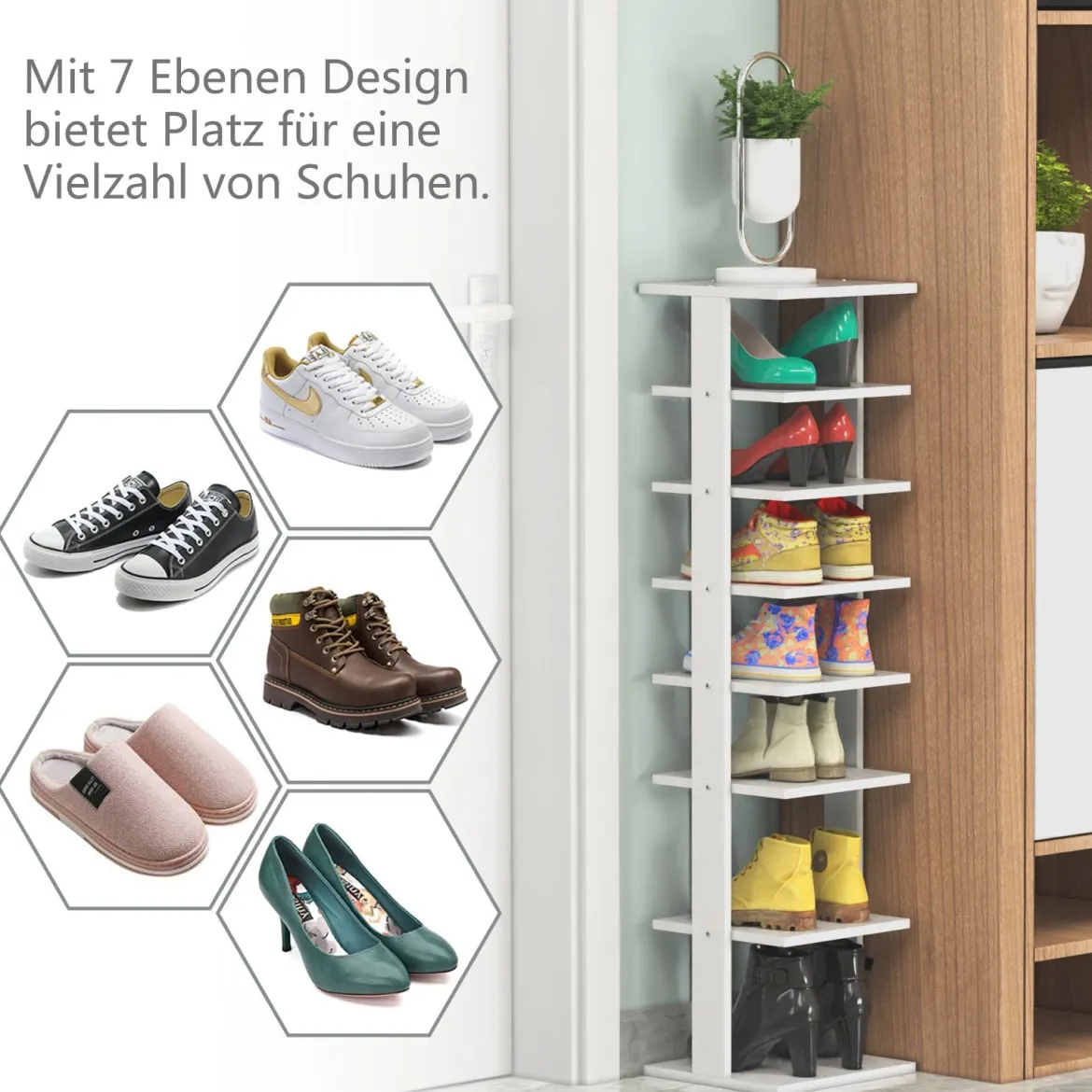 Schuhregal aus Holz Schuhständer 8-stöckig Schuh-Organizer vertikal Lagerregal Weiß