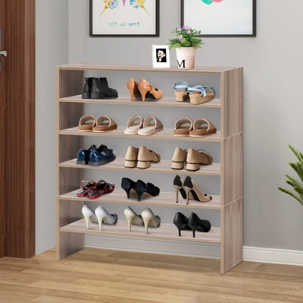 Schuhregal 78 cm Langer Horizontaler Schuhschrank 2-Stöckiges Lagerregal Natürlich