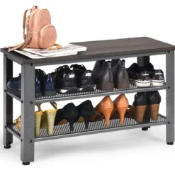 Schuhregal Schuhbank Schuhständer mit 2 Schuhablage und Sitzfläche Grau 73 x 30 x 45 cm