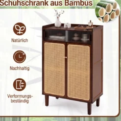 Schuhschrank Bambus mit 2 Rattantüren Rutschfesten Füßen & 6 Ebenen 67 x 33 x 107 cm Braun