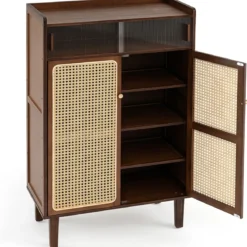 Schuhschrank Bambus mit 2 Rattantüren Rutschfesten Füßen & 6 Ebenen 67 x 33 x 107 cm Braun