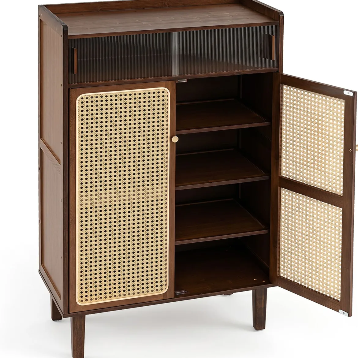 Schuhschrank Bambus mit 2 Rattantüren Rutschfesten Füßen & 6 Ebenen 67 x 33 x 107 cm Braun
