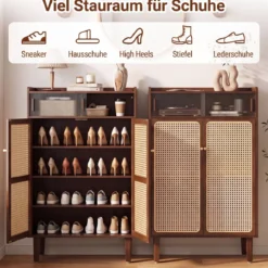 Schuhschrank Bambus mit 2 Rattantüren Rutschfesten Füßen & 6 Ebenen 67 x 33 x 107 cm Braun
